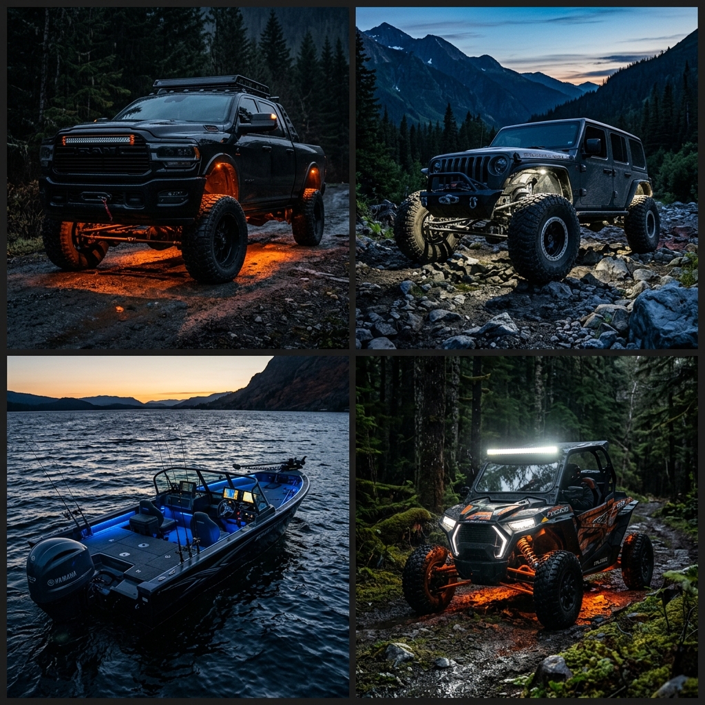 Vehicle build gallery collage showing trucks, Jeeps, boats, and UTVs built by Hillside Audio Alaska